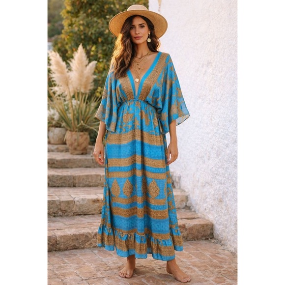 LUZ by LifeACTIVated Dresses & Skirts - Luz Blue Tan Silk Boho Maxi Kaftan Dress OS Deep V-neck Indie Resort Luxe Hippie